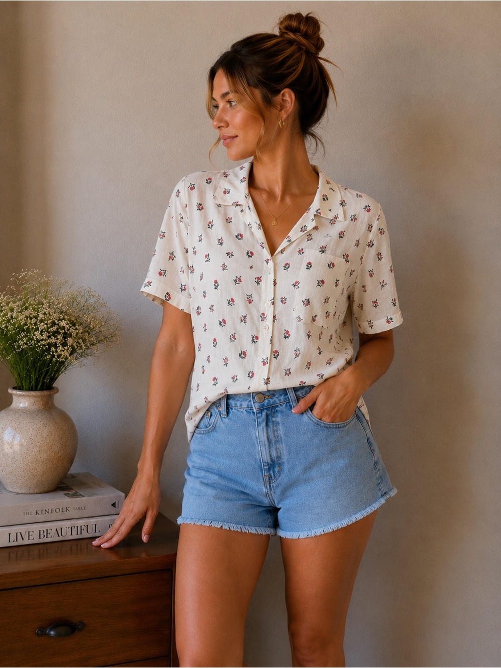 Rhythm. White Short-Sleeve Button-Up Blouse with Red and Gray Floral Print